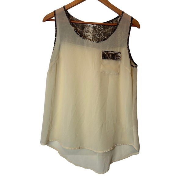 edge Tops - Beautiful‎ Sheer Tank Top Edge L Cream and Snakeskin Print Embellished Pocket
